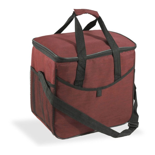Nevera tipo bolsa 21 l diseño tejana granate con ribete, asas y correa ajustable negra, 31,7 x 20 x 33 cm