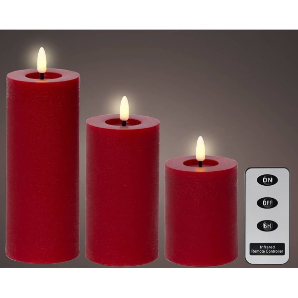 Vela de cera led color rojo, acabado rústico, ø7 cm con diferentes alturas, 3 uds
